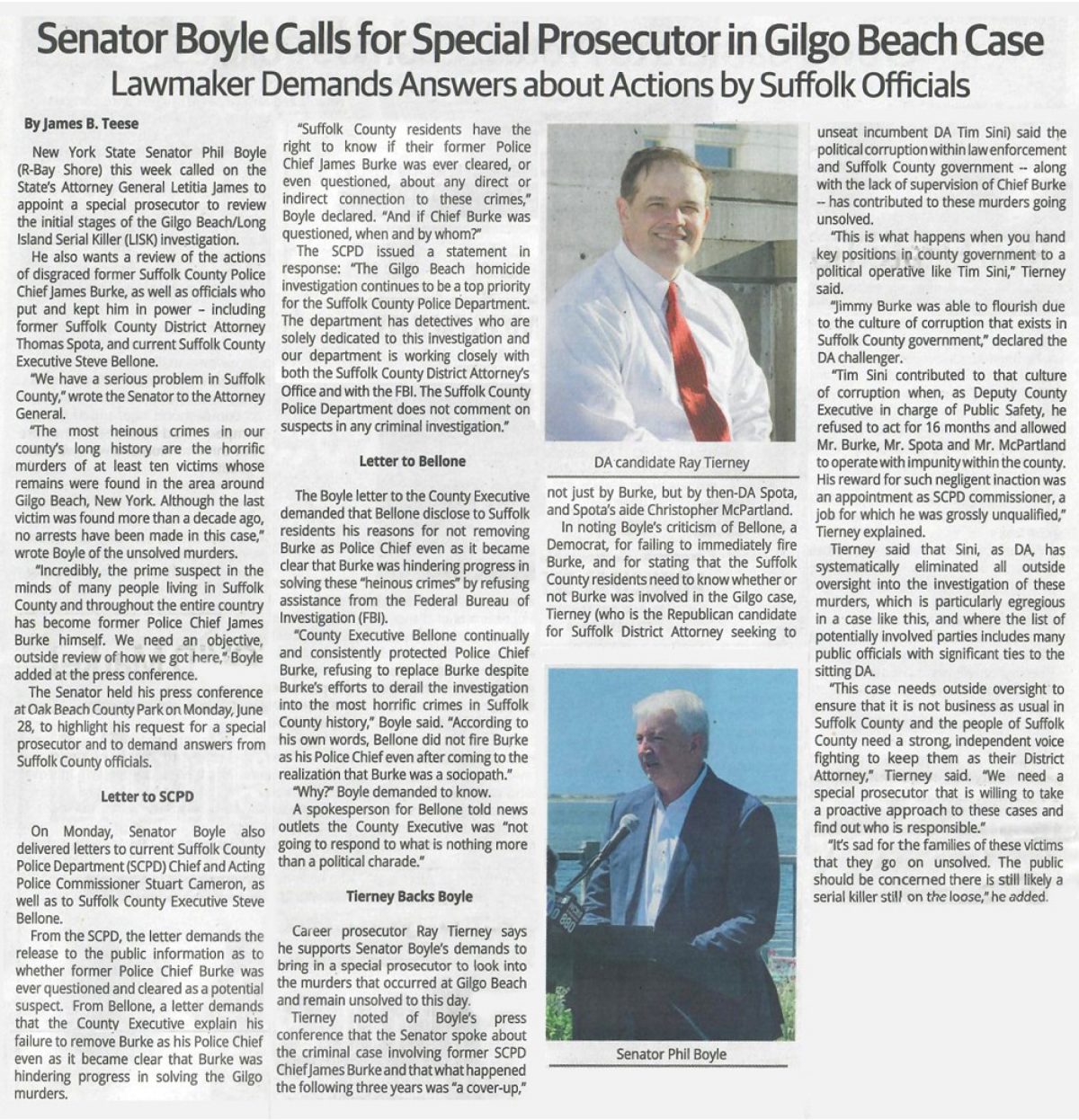 Ray Tierney Featured in Smithtown Messenger for His Support of Sen. Boyle’s Call for Special Prosecutor