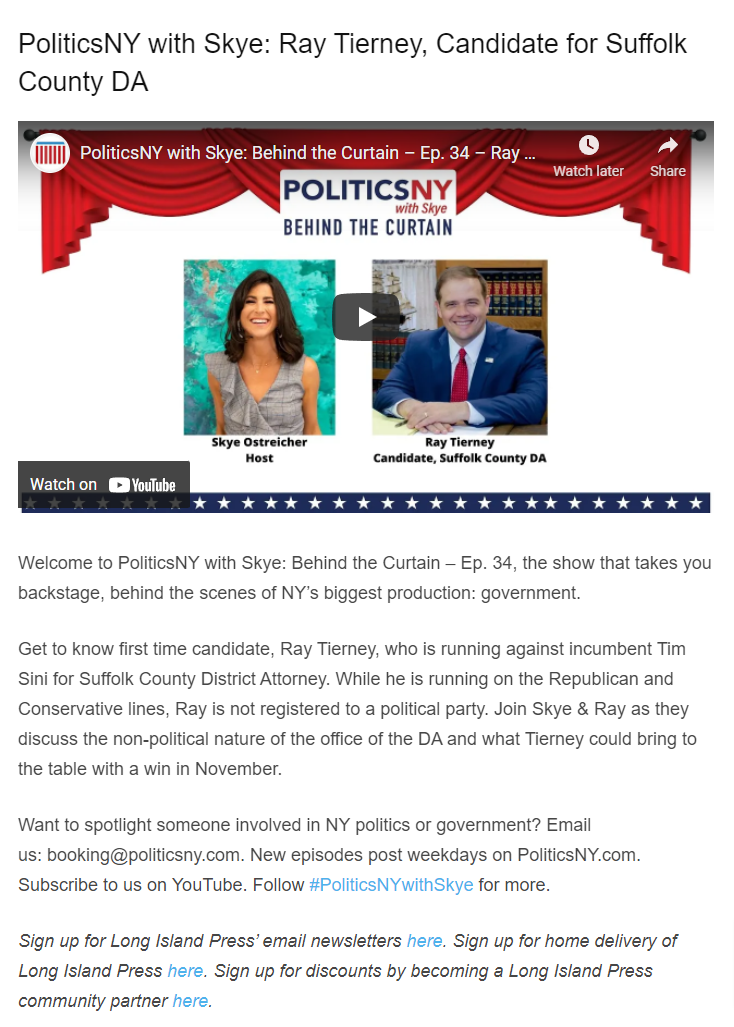 PoliticsNY with Skye: Ray Tierney, Candidate for Suffolk County DA